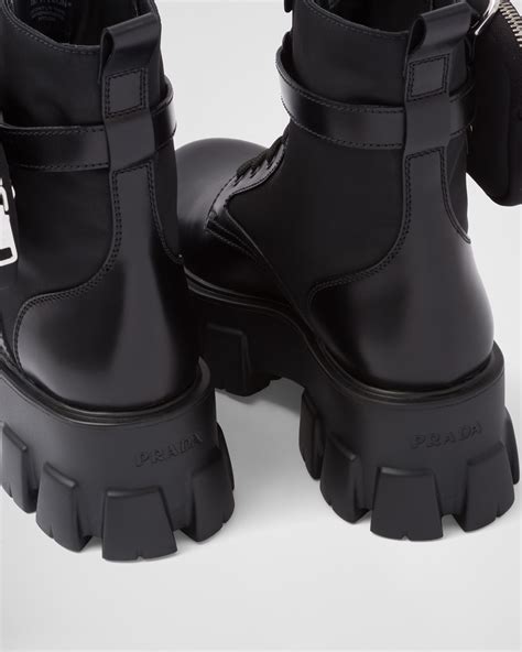 prada monolith leather and re-nylon boots with pouch|Prada monolith gabardine boots.